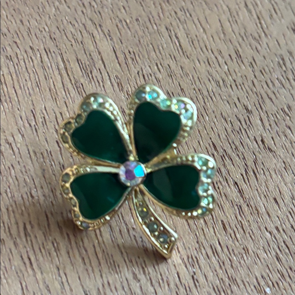 VTG Nina Ricci Green Four Leaf Clover Shamrock Lapel Hat Jacket Pin Rhinestones